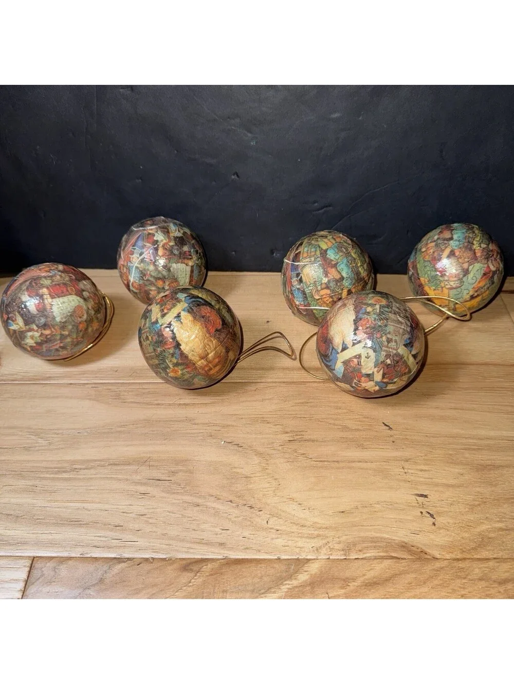 6 Vintage Decoupage Christmas Ornaments Lot Santa Victorian Style 2.5”Balls